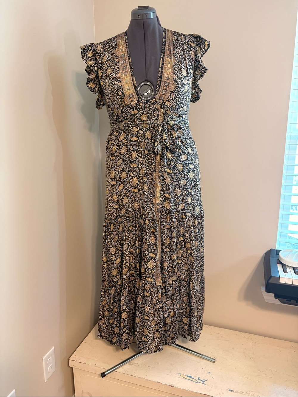 Paani Wrap Black and Gold Floral V-Neck Maxi Dress with Shimmer Gold Threads
